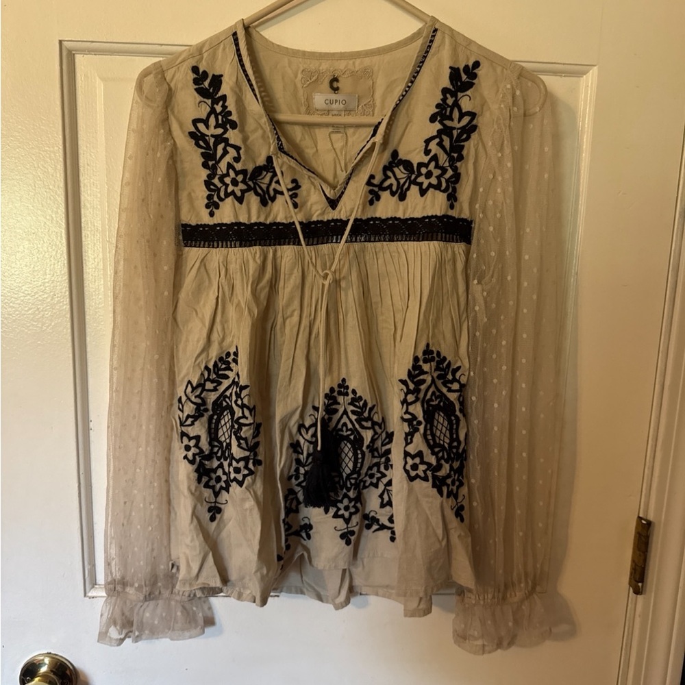 Cream and Black Embroidered Women's Peasant Blouse Top